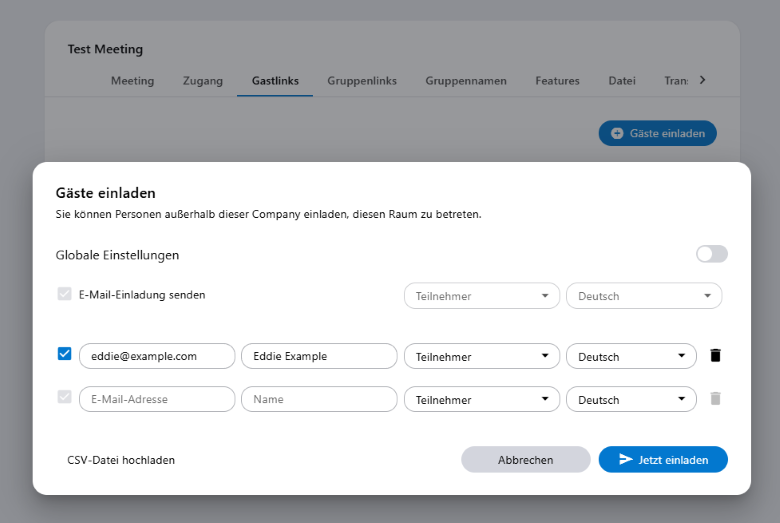 Die personalisierten Gastlinks des Meetings können auch nachträglich bearbeitet werden.