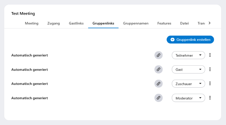 Die automatisch generierten Gruppenlinks in einem alfaview-Meeting.
