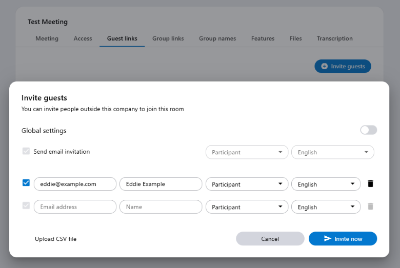 The personalized guest links for the meeting can also be edited later.