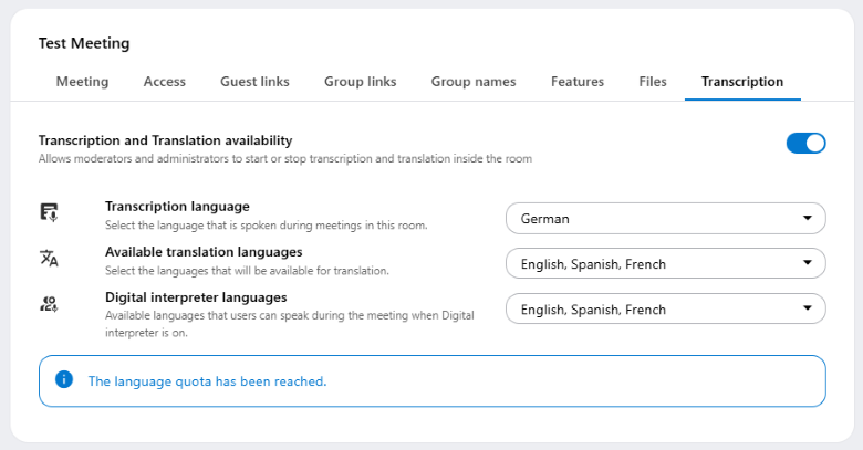Transcription and translation settings can be edited in the Transcription tab when editing meetings.