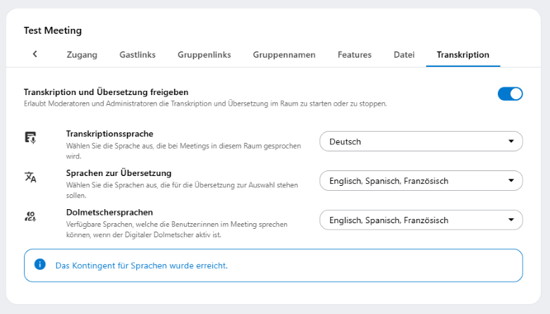 Einstellungen für Transkription und Übersetzung können im Reiter Transkription bei der Bearbeitung von Meetings bearbeitet werden.