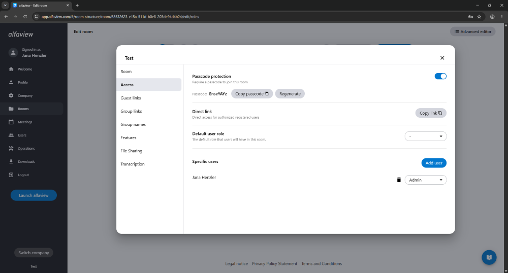 The room passcode can be activated, deactivated and updated via the room access in administration.
