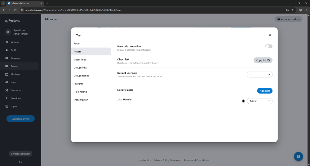 In the Room Access tab, you can edit who is allowed to enter the room and with which role they enter via the direct link. The Room Passcode can also be activated here.