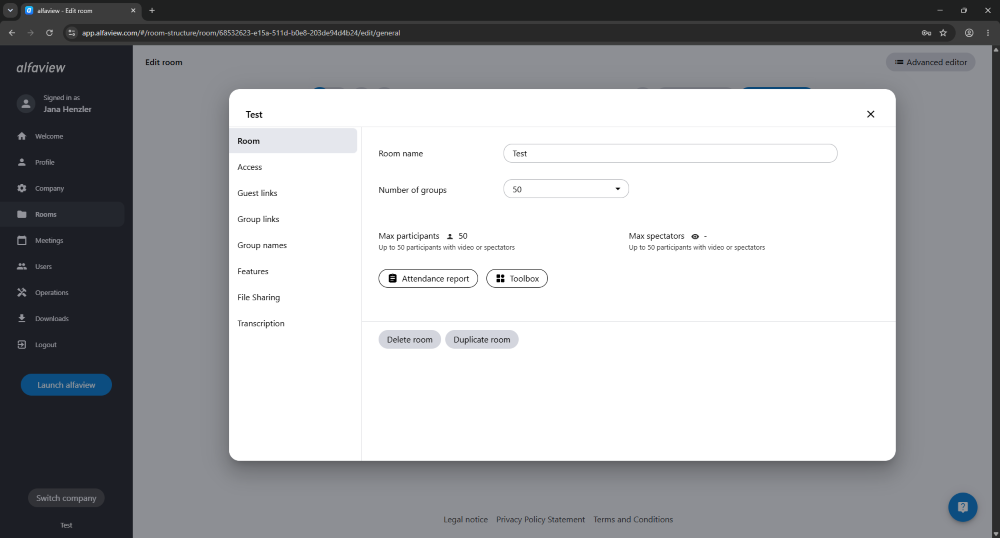 In the editing screen, you can customize the room name and the number of subgroups, duplicate the room, or delete it.
