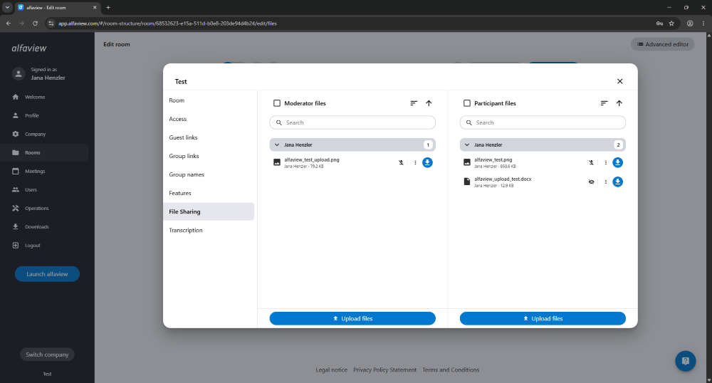 In the room management section, files can be uploaded under the “File Sharing” tab, and participants can download them directly from the room.
