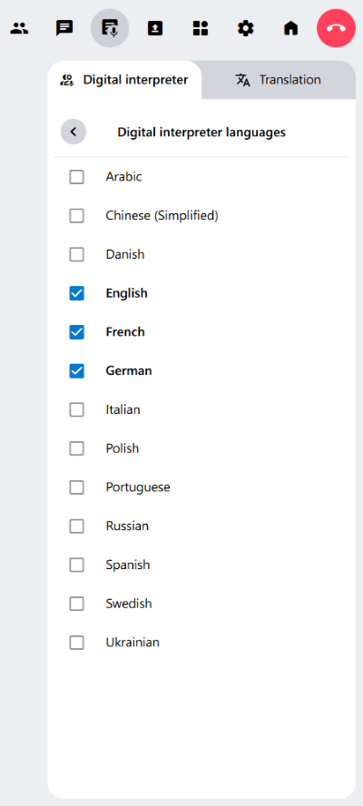 The currently available interpreting languages. Three can be selected at a time.