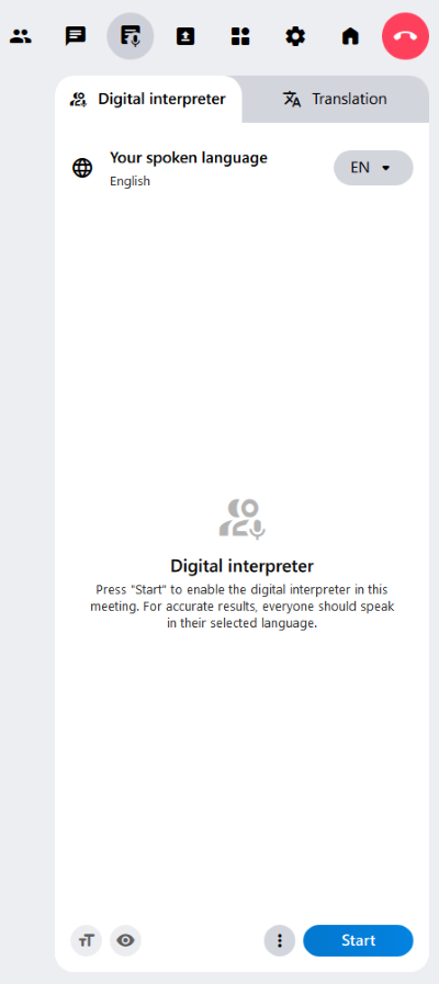 The “Digital Interpreters” tab in the alfaview secondary menu. This is where you can start the function. In addition, what is said is translated into text here.