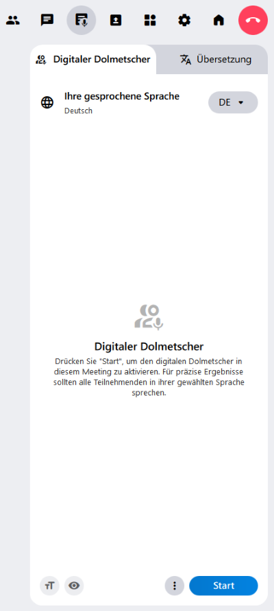 Der Reiter "Digitale Dolmetscher" im Funktionsmenü von alfaview. Hier kann man die Funktion starten. Außerdem wird das Gesprochene hier textlich übersetzt.