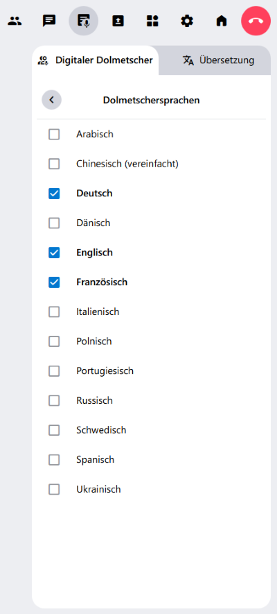 Die aktuell verfügbaren Dolmetschersprachen. Es sind immer drei gleichzeitig auswählbar.
