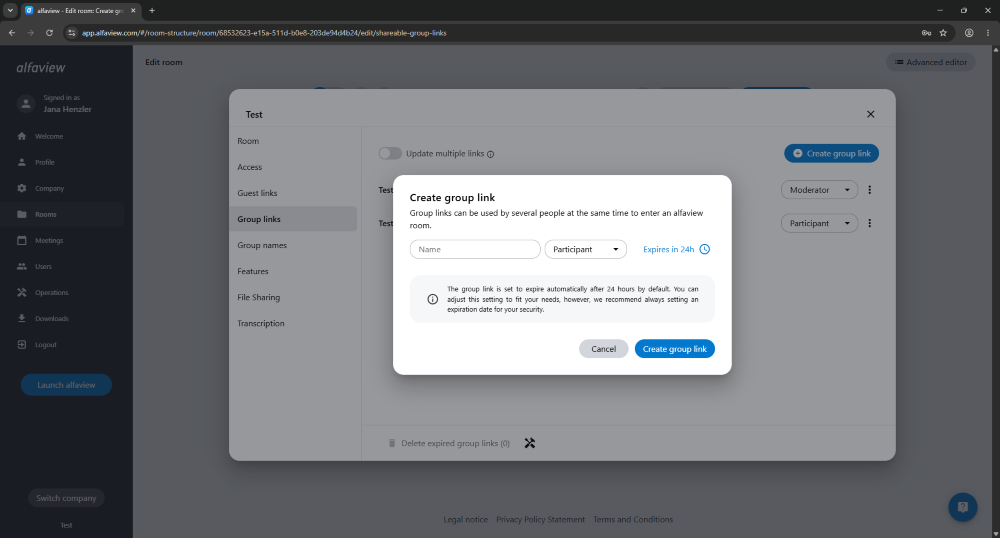 Clicking on “Create group link” opens this screen. Here you can specify the name of the group and the role of the people entering via the link, as well as the period during which the link is active.