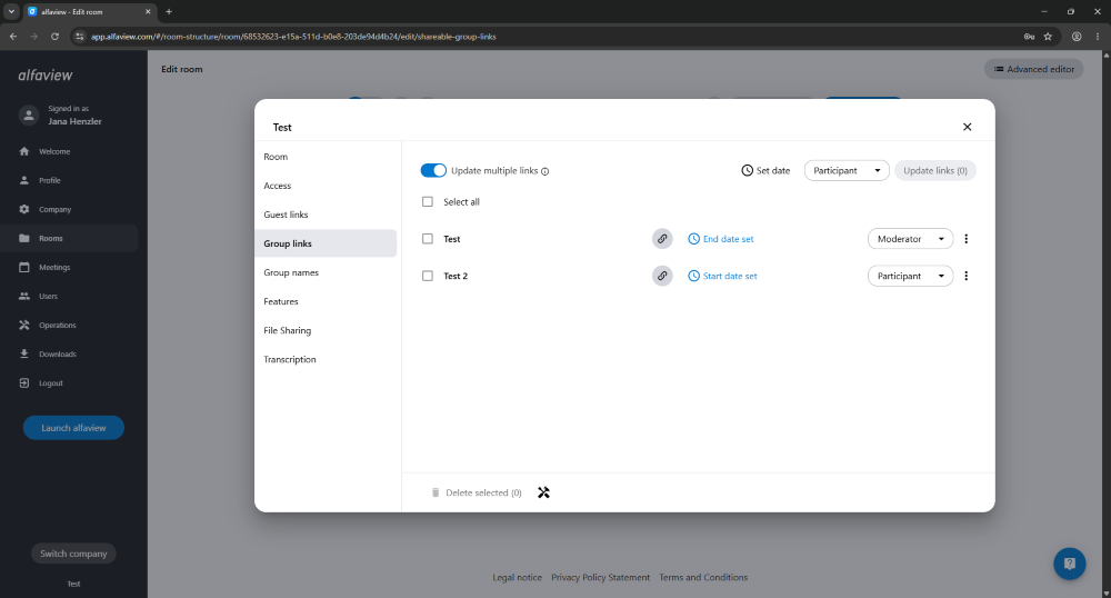 Multiple group links can be edited simultaneously. To do this, use the “Update multiple links” function in Room Management under Group Links.
