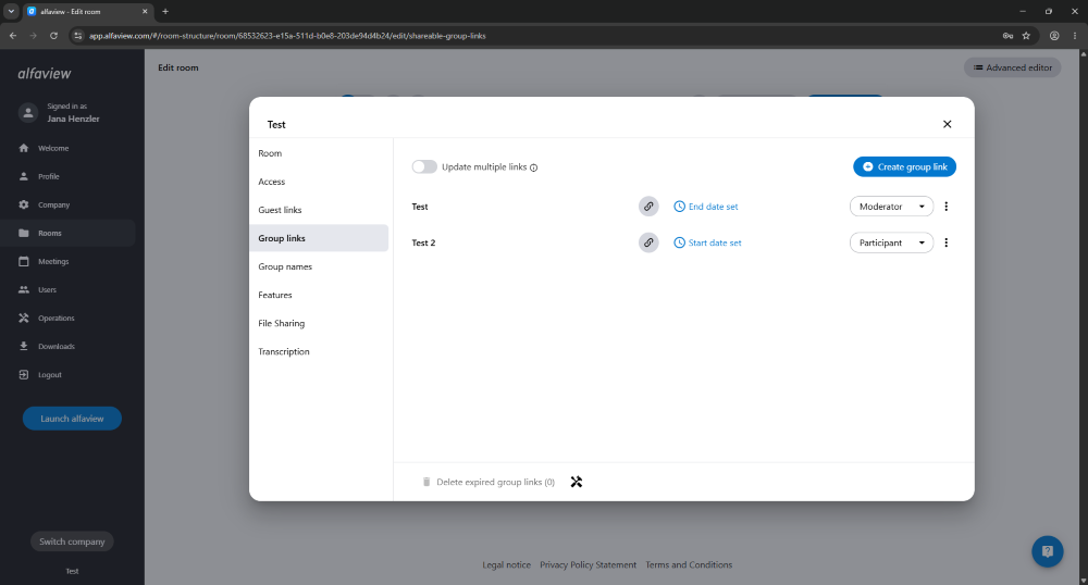 If several people with the same role are to be invited to the room, you can create a group link. In room management, you will find this option under the “Group links” tab.