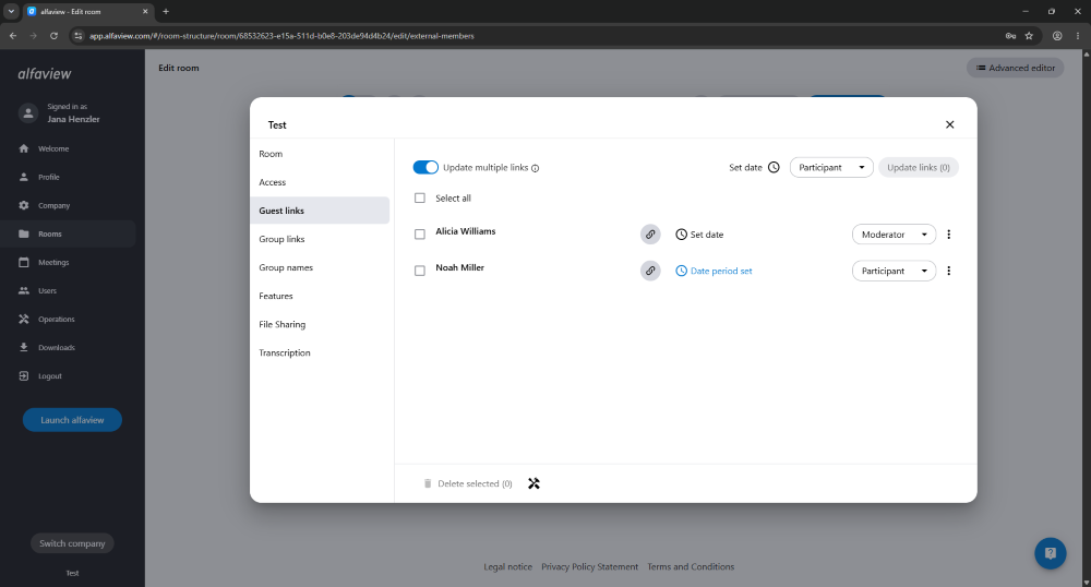 Multiple guest links can be edited simultaneously. To do this, use the “Update multiple links” function in Room Management under Guest Links.