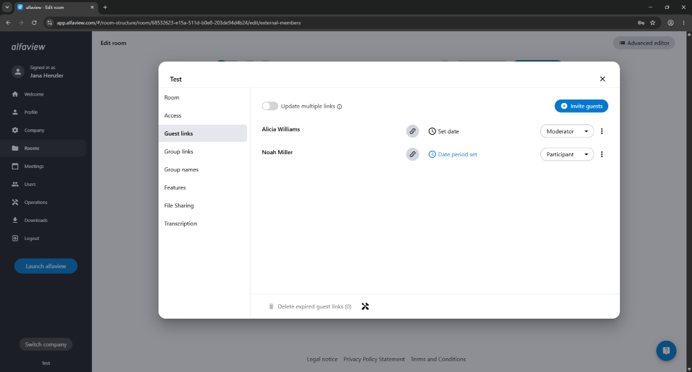 Guest links for rooms can be created in room management. A separate guest link is created for each person.