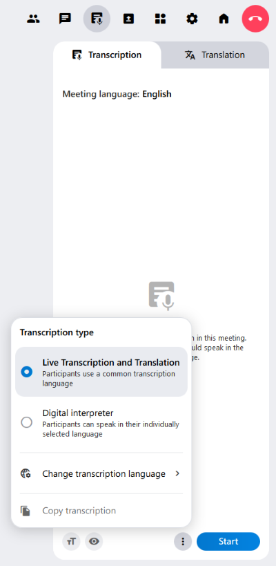 The “Transcription” and “Translation” tabs in the secondary menu. The function can be started here. In addition, what is spoken is reproduced here in text form or translated.