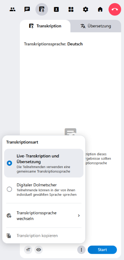 Die Reiter "Transkription" und "Übersetzung" im Funktionsmenü. Hier kann die Funktion gestartet werden. Außerdem wird das Gesprochene hier textlich wiedergegeben bzw. übersetzt.