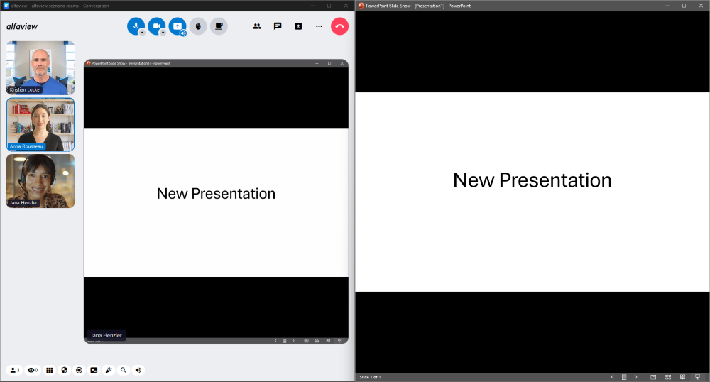 The reduced alfaview window with the participant videos on the left, the window of the PowerPoint slide show next to it on the right.