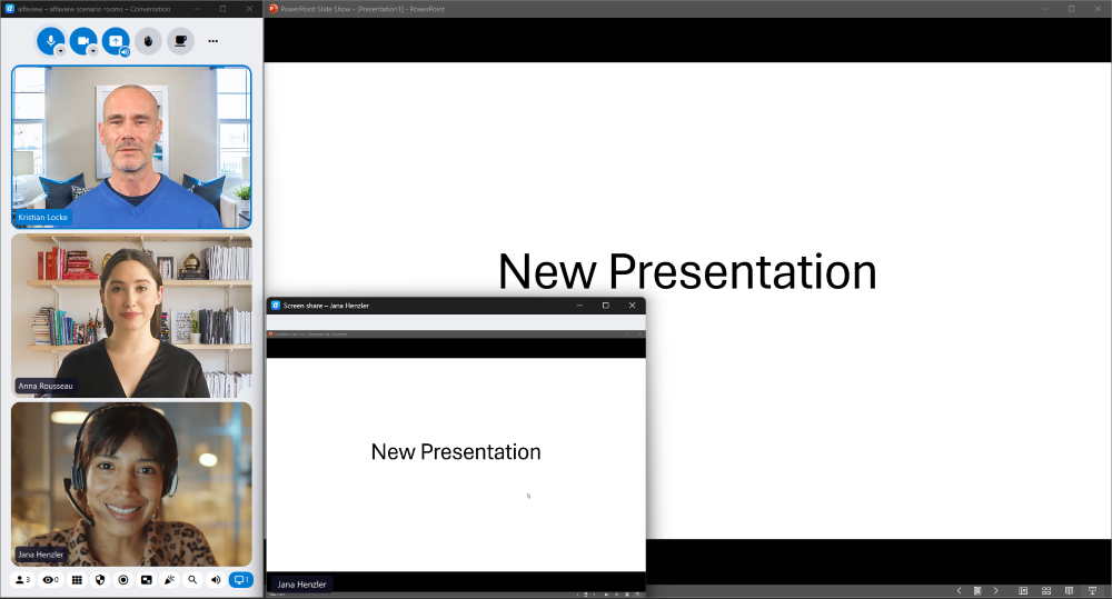 The reduced alfaview window with the participant videos on the left, the window of the PowerPoint slide show next to it on the right with the screen share as a pop-out window.