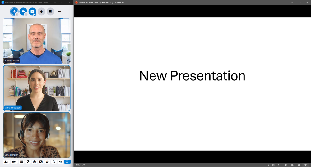 The reduced alfaview window with the participant videos on the left, the window of the PowerPoint slide show next to it on the right. The screen share as a pop-out is minimized.
