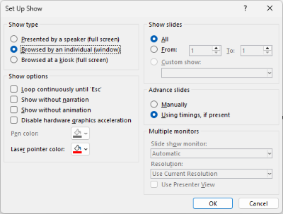 In the “Set Up Show” window, the “Browsed by an individual (window)” option is selected under “Show type”.