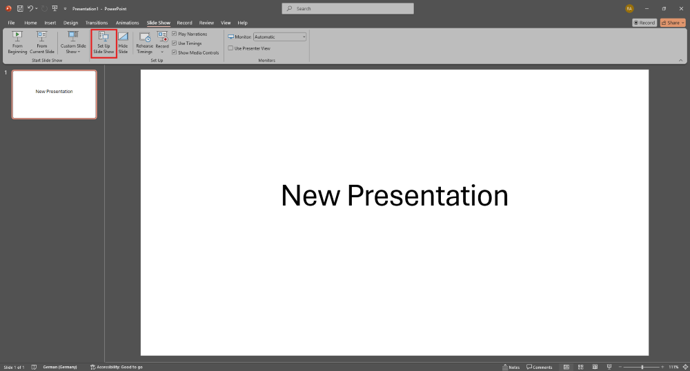 The “Set Up Slide Show” button in the “Slide Show” tab in PowerPoint.