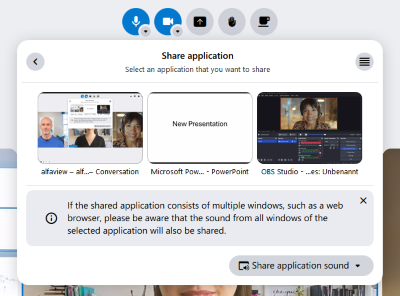 The window of the running PowerPoint slide show is selected in the application selection in alfaview.