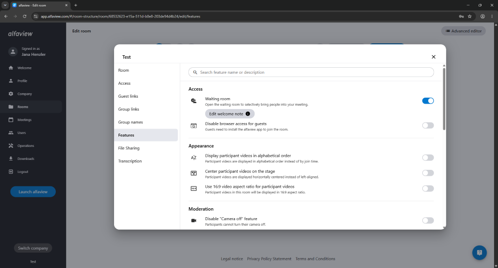 The room features can also be activated and deactivated via room management.