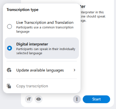 Settings in the “Digital Interpreter” tab. Here you can choose between the transcription types “Digital Interpreter” and “Live Transcription and Translation” and update the available languages.