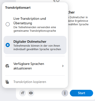 Einstellungen im Reiter "Digitaler Dolmetscher". Hier kann man sich zwischen den Transkriptionsarten "Digitaler Dolmetscher" und "Live-Transkription und Übersetzung" entscheiden und die verfügbaren Sprachen aktualisieren.