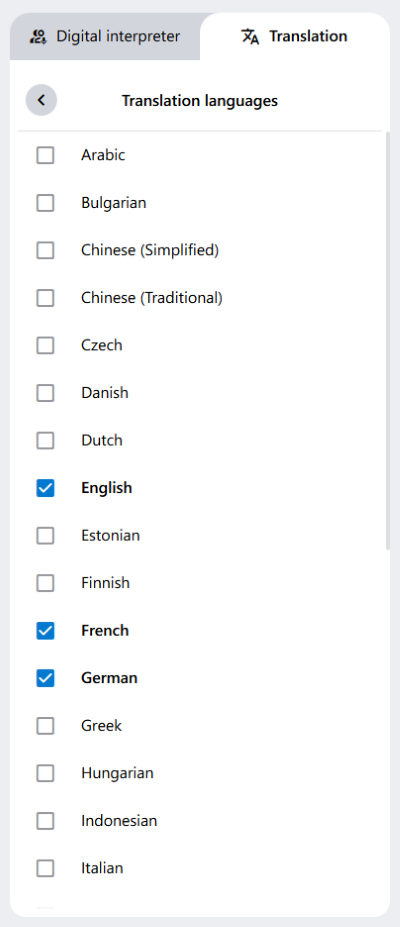The currently available translation languages. Three can be selected at a time.