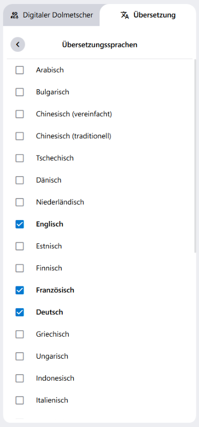Die aktuell verfügbaren Übersetzungssprachen. Es können immer drei gleichzeitig ausgewählt werden.