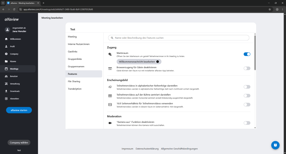 Die Features können im Reiter Features bei der Bearbeitung von Meetings aktiviert und deaktiviert werden.