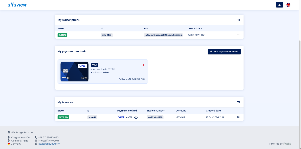 Subscription management includes payment information and invoices.