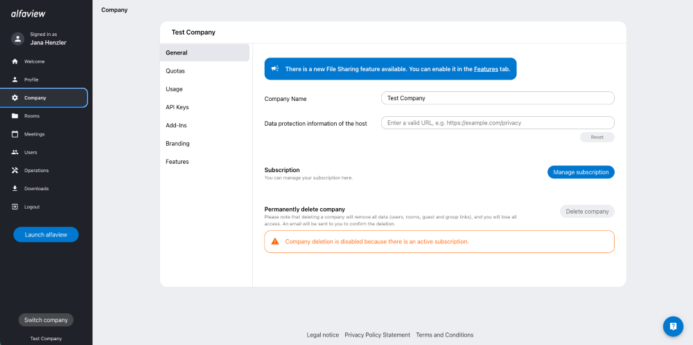 The alfaview administration interface in the Company Editor.