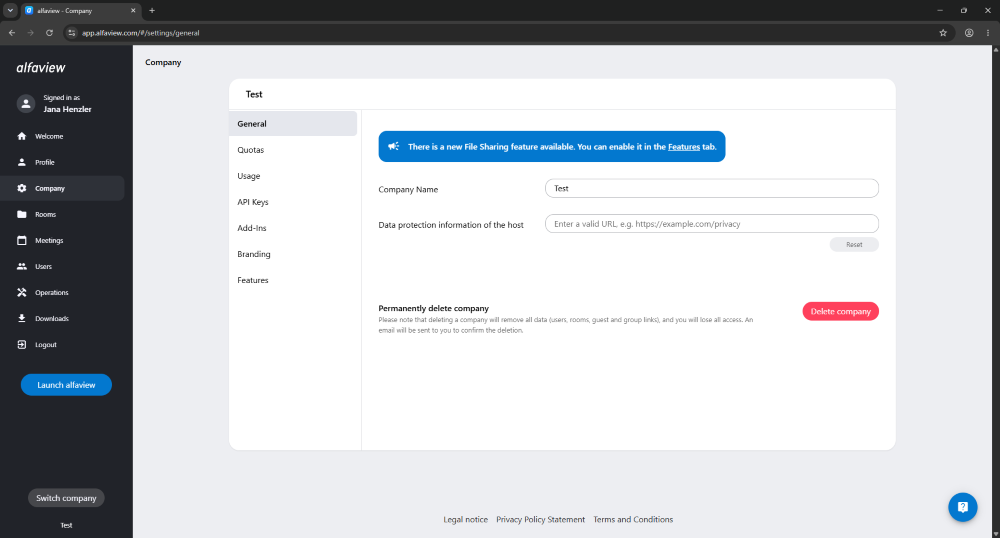 Manage the company via the administration interface. Changes can be made in the General, Quotas, Usage, API Keys, Add-Ins, and Branding tabs.